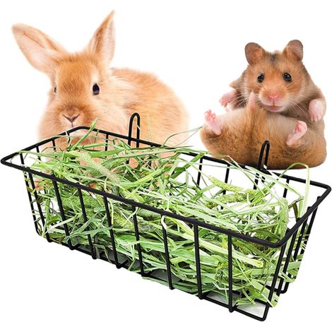 Hay Feeder for Rabbit, Guinea Pig, Bunny, Chinchilla, Heavy-Duty Metal Frame Hay Feeder, Small Animal Basket with Hook Metal Grass Holder Black