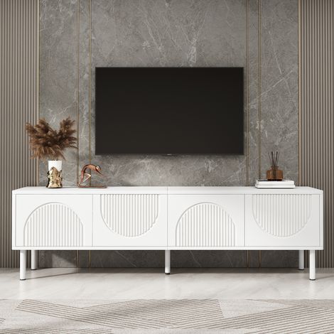 Meuble TV bas 180 x 40 x 52 cm, rangement 4 compartiments avec surface mate, portes relief 3D et passe-câbles, MDF et panneaux, Blanc