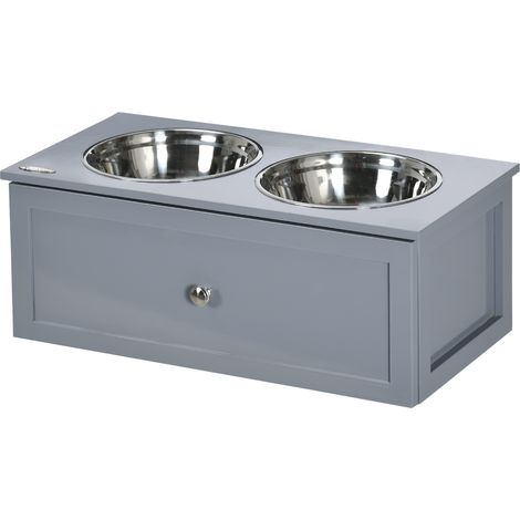 Futterstation, 2 Fressnäpfe je 2 Liter, Edelstahl, mit Schublade, für mittlere Hunde, grau, 60 x 30 x 24cm