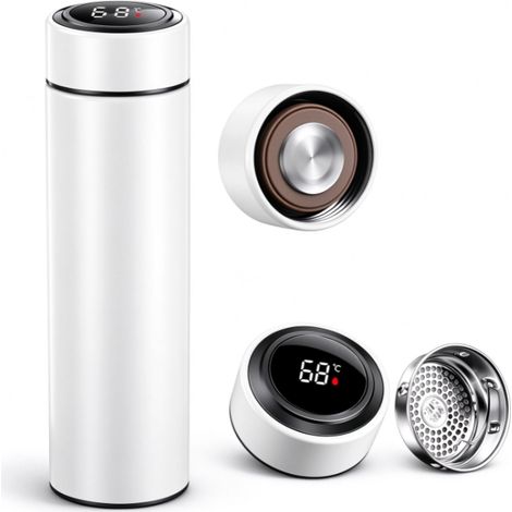 Mug chauffant tactile LED 500 ml, bouilloire portable à double paroi en acier inoxydable, conserve la chaleur pendant 12 heures et le froid pendant 24 heures, (Blanc) (1/5)