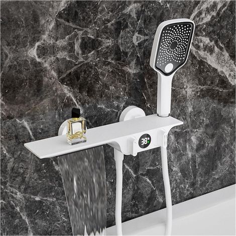 Ensemble de douche mitigeur thermostatique intelli Robinet de douche de salle de bain noir mat cascade, ensemble de robinets de douche numérique noir, pommeau de douche pluie mitigeur à affichage numé (1/4)