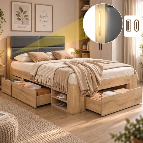 Lit enfant, lit coffre, lit en bois, lit junior, lit multifonctionnel, 140 x 200 cm, avec port USB, tiroirs, grand espace de rangement et tête de lit rembourrée en PU, sans matelas, coloris naturel (1/5)