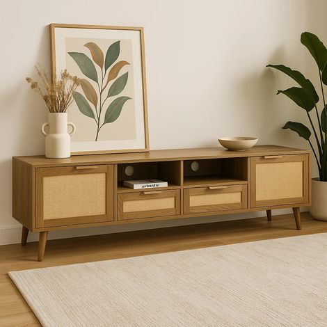URBAN MEUBLE Buffet en rotin tressé pieds en bois massif 200x37x49cm (1/5)