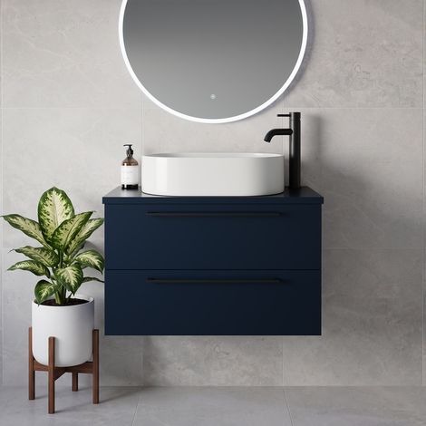 Napoli 390 Deep Blue 800mm Wall Mounted 2 Drawer Vanity Unit for Countertop Basins - 800mm - Matt Black 480mm Handle