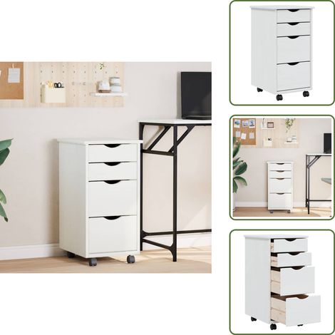 The Living Store Armoire roulante avec tiroirs MOSS blanc bois de pin solide - Meuble Roulant - Commode - Classement - Rangement - Tiroir
