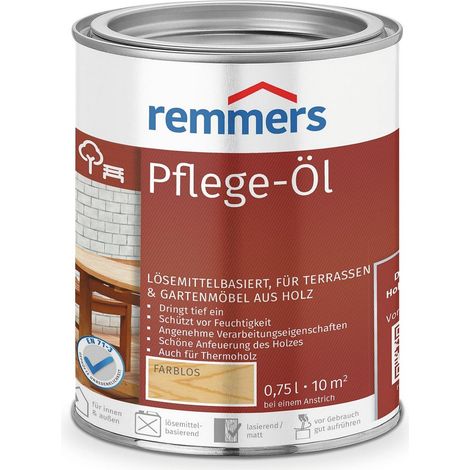 Remmers Pflege-Öl farblos, 0,75 Liter, Holzöl für Holz innen und außen, wasserabweisend, wetterfest, für Gartenmöbel und Holzterrassen geeignet