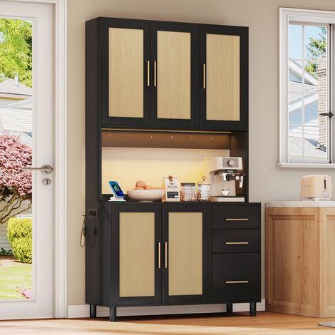 Küchenbuffet 100 x 40 x 183 cm mit LED, 2 Steckdosen, 2 USB, 3 Schubladen, schwarz HAVRYA (1/5)