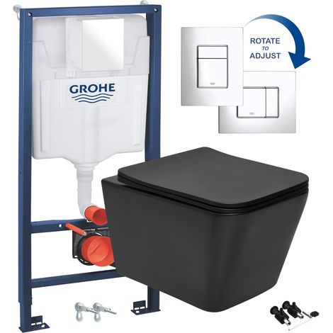 Black Square Hidden Fixation Rimless Wall Hung Toilet Pan & GROHE 1.13m Concealed WC Cistern Frame (1/5)