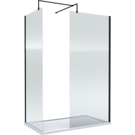 8mm Fluted Glass Walk In Wetroom Screens with Matt Black Profile and White Shower Tray - 1400 x 900mm