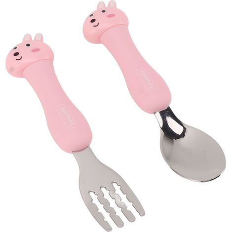 Cuillère-fourchette en acier inoxydable à motif lapin, idéale pour l'apprentissage de l'alimentation des bébés. Vaisselle portable pour enfants. (1/5)