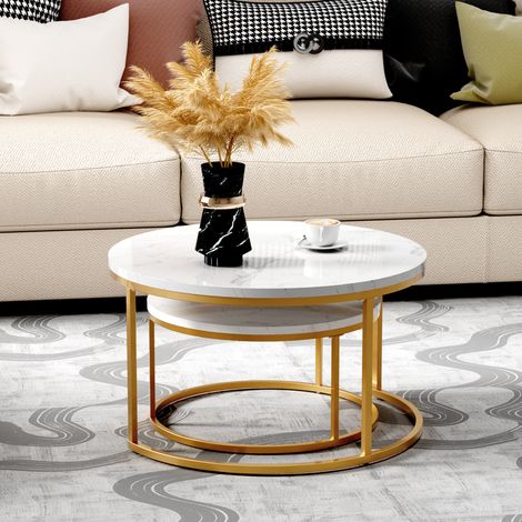 Set di 2 Tavolini da Caffè con Piano in MDF Effetto Marmo e Struttura in Ferro Bianco e Oro (1/5)