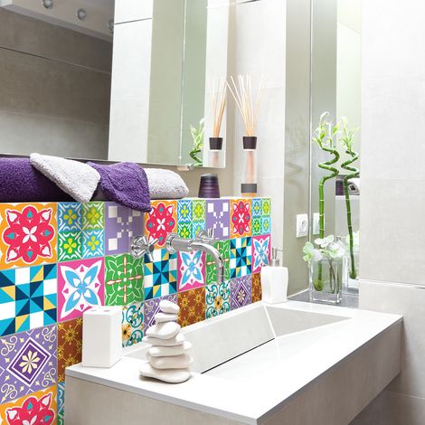 Sticker Mural Carrelage adhésif Cuisine Salle de Bain - 9 STICKERS CARREAUX DE CIMENT AZULEJOS VIZIA - 9stickers15x15cm (1/5)