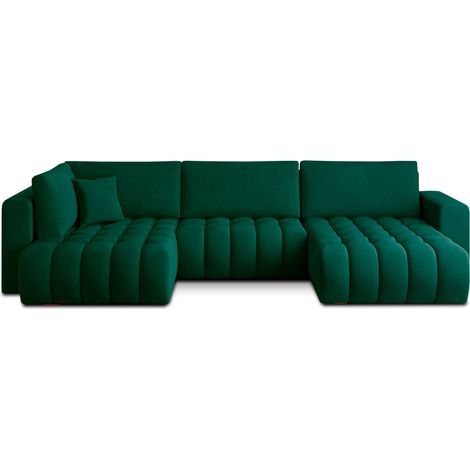 Sofá de esquina BONITA convertible 6 plazas verde oscuro tela – derecho – 350x175cm (1/3)
