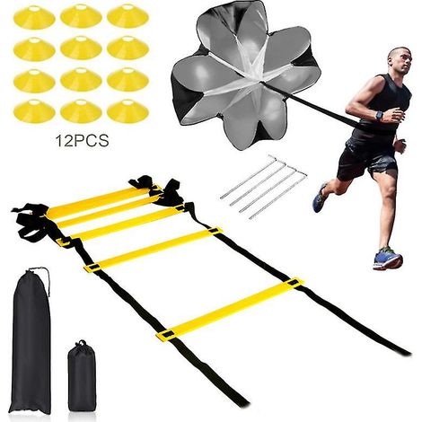 Kit d'entraînement de vitesse et d'agilité avec échelle en TPE, parachute de résistance, 12 cônes ronds et 4 piquets en acier. (1/5)
