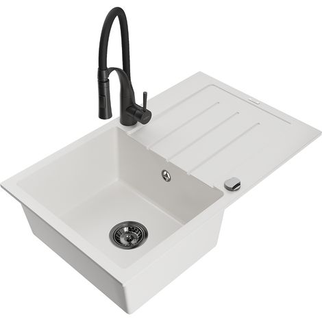 Mexen Bruno fregadero de granito de 1 cubeta con escurridor y grifo de cocina Aster, blanco - 6513-20-73450-70-B (1/5)