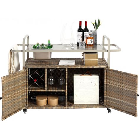 Table de bar d'extérieur, chariot de bar en osier avec placard, desserte de jardin avec plateau en acier, un seau à glace, roulettes verrouillables, panier latéral, idéal pour le jardin, la piscine et