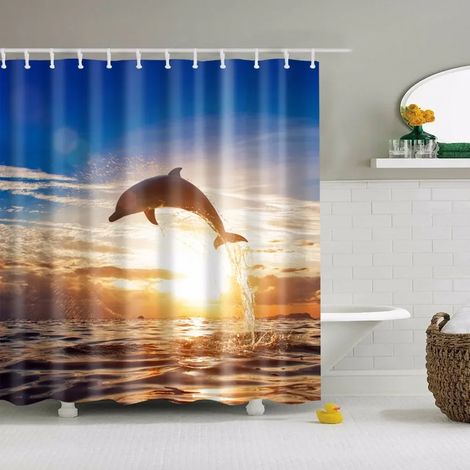 Rideau de douche à motif coquillages, étoiles de mer, conques, palmiers bleus et coucher de soleil, décor de salle de bain, 120 x 180 cm (47 x 70 pouces), 120 x 180 cm (47 x 70 pouces)