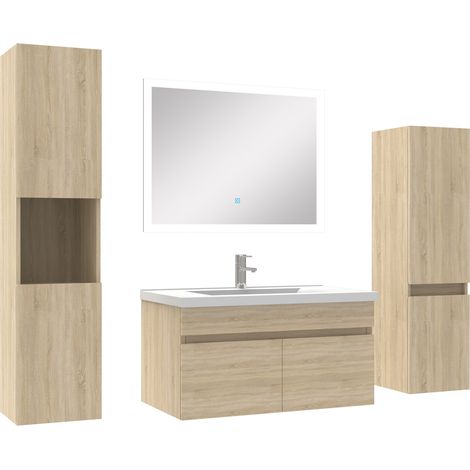 Ensemble meuble vasque 80cm + colonne de rangement + miroir lumineux Chêne Wotan (1/5)