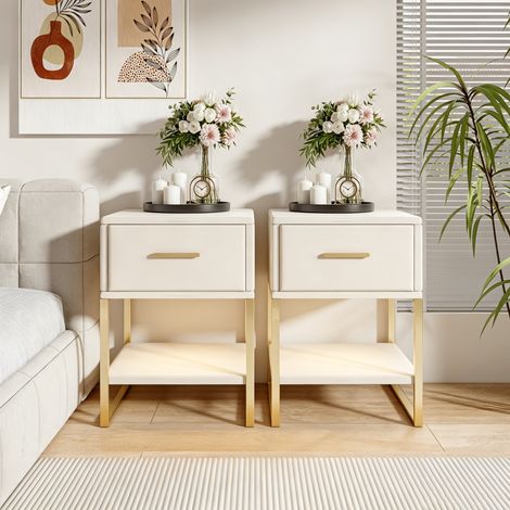 Lot de 2 tables de chevet en velours, Tiroir de rangement et étagère ouverte, Éclairage LED intégré, Dimensions 40x31x50 cm (1/5)