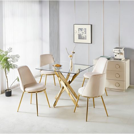 Ensemble table à manger 80x80x75 cm en verre et métal doré, moderne pour salle à manger FloraGrace (1/5)