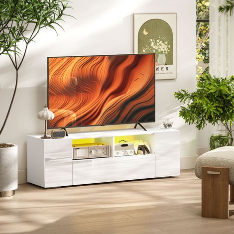 Meuble TV banc 60 pouces LED 2 étagères placards 137x35x42 cm blanc brillant (1/5)
