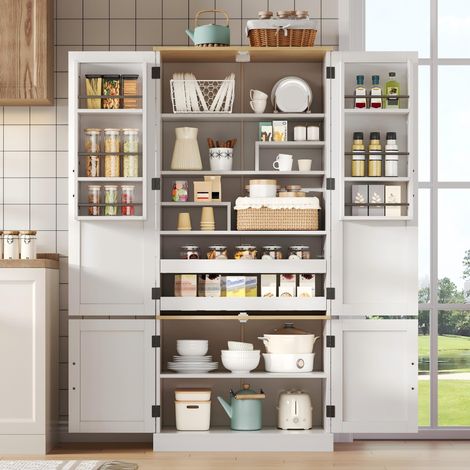 Haut meuble buffet de rangement 80x40x180 cm 2 tiroirs 3 étagères LED capteur MDF design moderne minimaliste blanc cuisine salon (1/5)