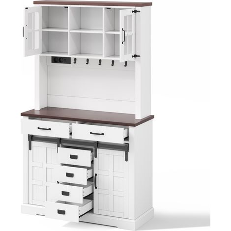 Armoire de cuisine, buffet, bahut avec prise et éclairage LED, meuble de cuisine avec plan de travail, 6 tiroirs, étagères réglables, crochets, 180 × 108 × 40 cm, blanc (1/5)