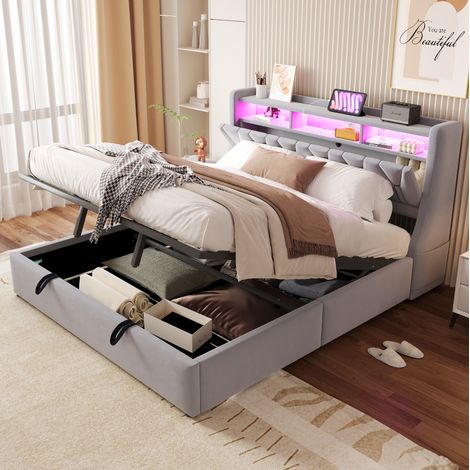 Cama Baúl 180x200 Cm Canapé Elevable Tela Terciopelo Gris Claro (1/5)