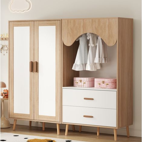REDOM - Armadio per bambini - 80x46x141.5 cm - set con armadio a 2 ante e armadio aperto - barra e 2 cassetti - MDF - bianco e legno naturale