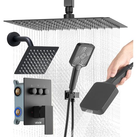 VEVOR Duschsystem-Set mit 12 Zoll Regenduschsystem / 6 Zoll Wandmontagekopf / 4 in 1 Handbrause, drehbarer Doppelregenkopf (3 Funktionen), Messingventil und Verkleidungssatz, Mattschwarz