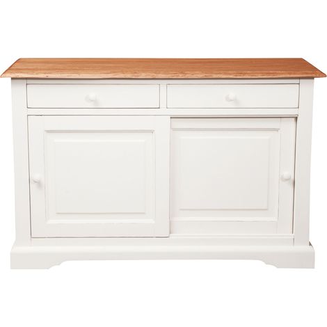 Rustikales Sideboard aus massivem Lindenholz mit antikweißer Platte, natürliches Finish L142xPR50xH90 cm. Made in Italy