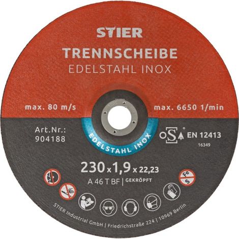 Disque à tronçonner STIER 230 x 1,9 x 22,23 courbé, inox/acier 25 pièces (1/4)