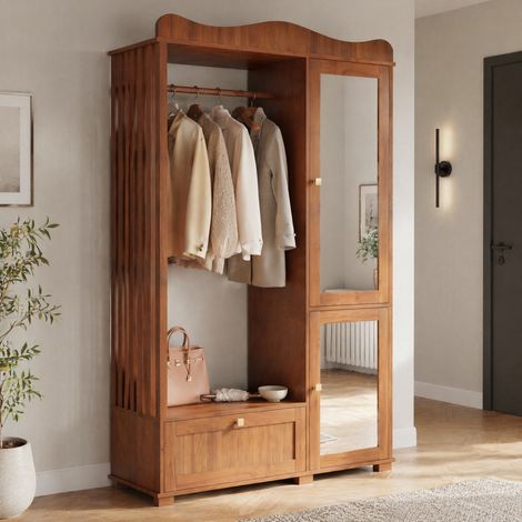 DESMIU Armoire avec miroir et penderie ouverte, 2 portes et tiroir, rangement 3 niveaux, en MDF noyer (1/5)