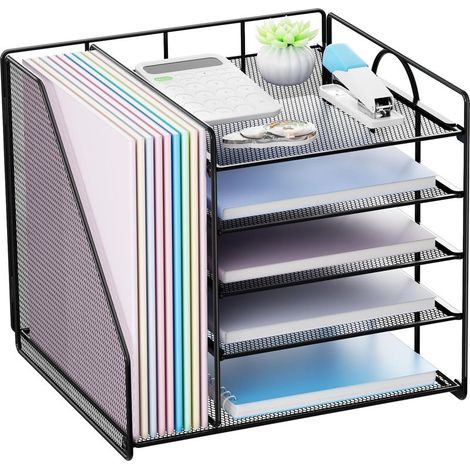 Organiseur de Bureau à 5 Niveaux Rangement de Documents avec Porte Fichiers, Corbeille à Courrier en Maille Métallique Noir (1/5)