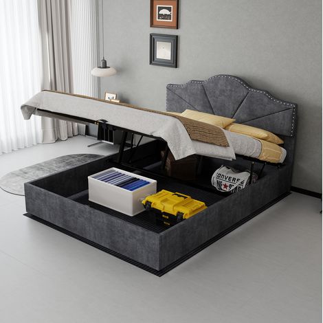Cama tapizada 200x140x156 cm, cabecero geométrico con tachuelas, incluye colchón, tejido gris (1/5)