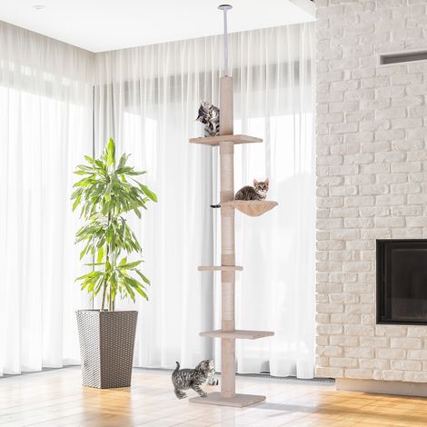 Árbol rascador para gatos de suelo a techo, 40 cm de largo x 34 cm de ancho x 230-260 cm de alto, 5 niveles de actividad, color beige.