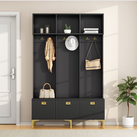 Neche – Ensemble de meubles d'entrée avec banc de rangement multifonctionnel – Rangement ouvert – 6 crochets – Pieds dorés – Armoire noire