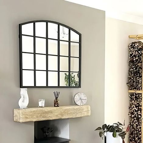Black Industrial Style Curved Top Window Mirror 96cm W x 2cm D x 90cm H (1/5)