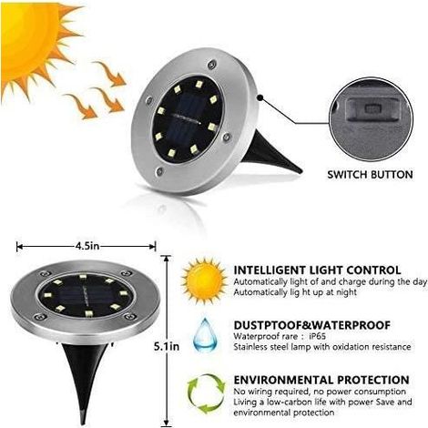Lot de 8 lampes solaires encastrables IP65 – 8 LED – Éclairage automatique – Panneau solaire puissant – Pour baliser allées et jardins – Outhwaite