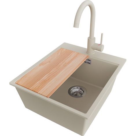 PRIMAGRAN Evier Cuisine en Granit 43x50cm,Lavabo 1 bac + Robinet 32x20cm + Kit de Vidage + Planche à Découper, Évier à Encastrer au meuble 45cm - Oslo, Beige (1/5)