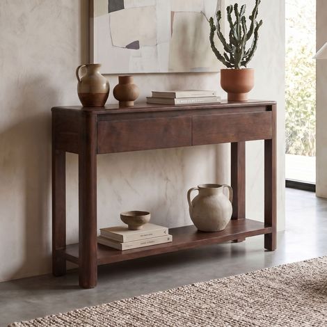 Console 2 tiroirs 110x30x75 cm en teck foncé massif - BALI (1/5)