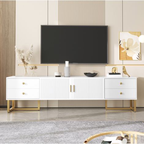 Mueble TV de 175 cm en MDF blanco con 4 cajones, 2 puertas y patas doradas HAVRYA (1/5)