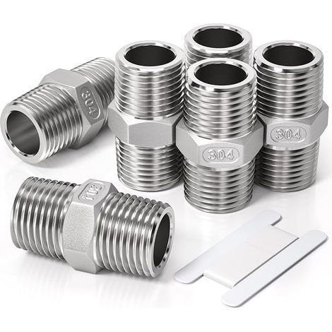 6pcs 3/8" Male to 3/8" Male BSP Stainless Steel 304 Hex Bit Fitting,For Pipe Fitting Conversion (1/5)