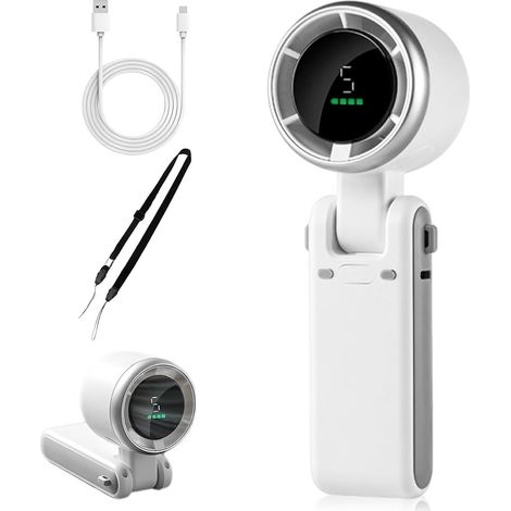 Ventilateur main/cou USB rechargeable - Pliable - 5 vitesses - Affichage - Blanc (1/5)