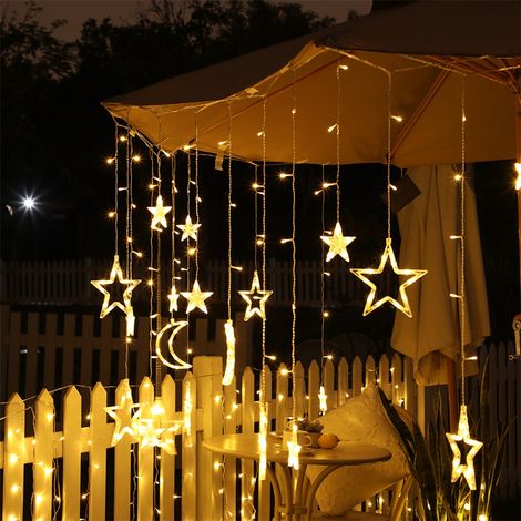 Rideau lumineux LED solaire, éclairage décoratif pour cour/chambre, style étoiles et lune, 3,5 mètres de large. (1/5)