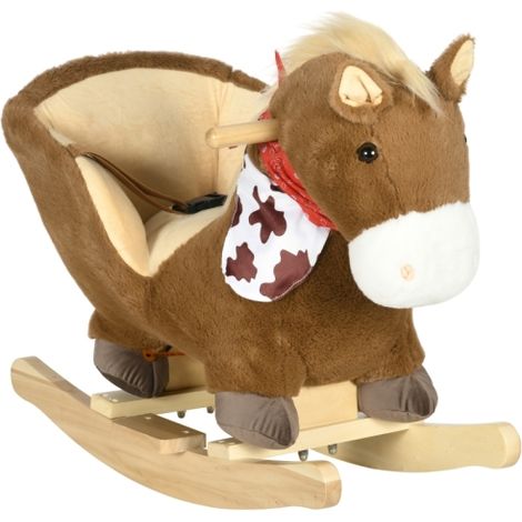 Brown Kids Rocking Horse with Safety Harness, Sound Features, and Foot Pedals for Safe Fun and Playtime Adventure.
