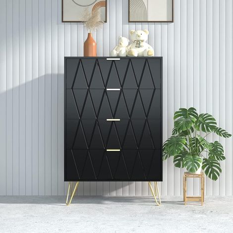 UEV Cassettiera 4 Cassetti, Como Camera da Letto in Legno, Maniglie e Gambe Dorate, Mobile per Soggiorno, 34P x 60l x 91H cm, Nero