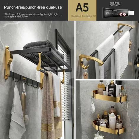 Étagère de rangement pour salle de bain (ensemble de trois pièces noir et or [sans perçage/perçage requis] double usage) (1/4)