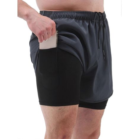 Sportshorts für Herren mit integriertem Slip, 2-in-1-Taschen, schnelltrocknend, ideal zum Laufen und Radfahren, grau. (1/5)