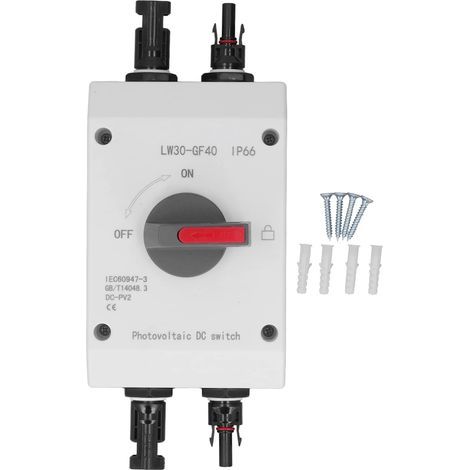 Interruptor aislador de CC fotovoltaico de 32 A, caja combinadora de sistema solar IP66, interruptor aislado para sistema de energía solar, vehículos recreativos, barcos y sistemas solares conectados (1/5)